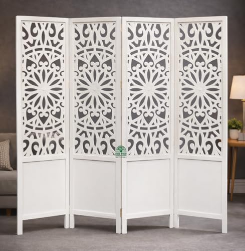 Image of Wooden Room Divider 6 Feet, 4-Panel Folding Wooden Partition for Living Room, Office, Pooja Room, Restaurant, Kitchen & Balcony (2W x 1.82H Meters). (Milky White)