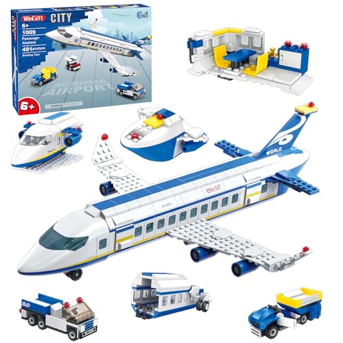 WINGIFT 491 Piece City Passenger Airplane Building Set - 6 IN 1 STEM Toy, Blue, ABS Bricks for Kids Ages 6+