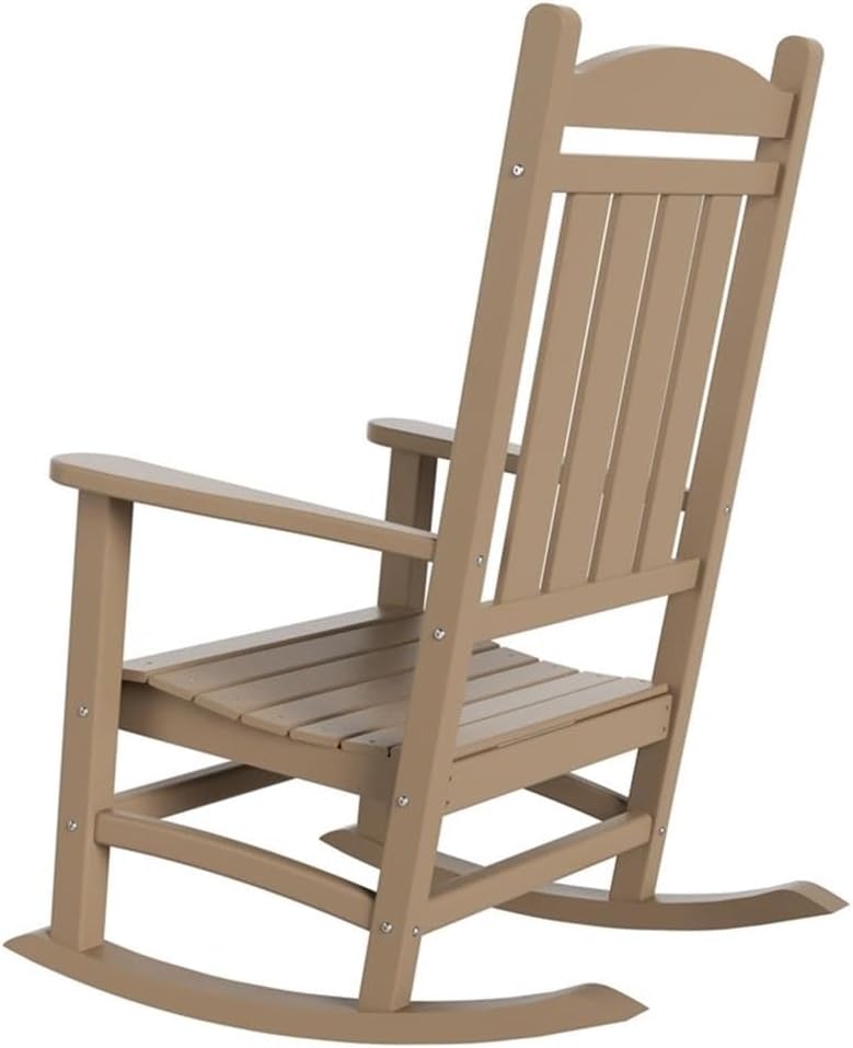 Costaelm Oversized Outdoor Rocking Chair, High Back Porch Rocker Chair, HDPE All Weather Resistant Outdoor Seating Furniture Wide Rocker Chair for Patio, Lawn, Garden, Weathered Wood