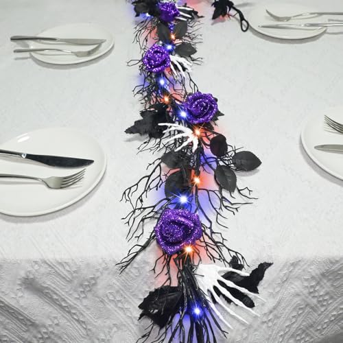 6.56FT Halloween Dead Branch Garland with Lights Purple and Orange LED Battery Operated with Timer Purple Roses White Skull Hands Maple Leaves Black Garlands Wreath for Halloween Home Door Decorations