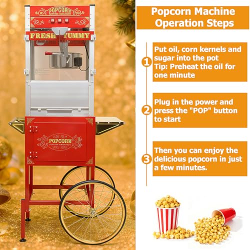 Image of Commercial Popcorn Machine with Cart 24oz - Retro Theater Style Popper Makes 100 Cups Per Batch, Stainless Steel Kettle & Wheels, for Home Movie Nights, Holiday Parties, School&Corporate Events, Red