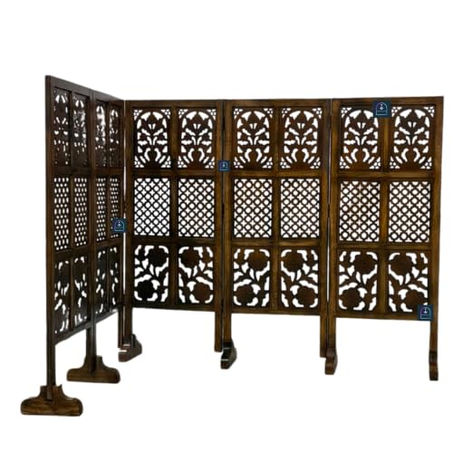 Image of Wooden Room Partition Screen with Burnt Wood Finish | Hand Buffed Traditional Handicraft Room Divider | Indoor Room Separator | Puja Room Divider (5 Panel 4 Feet with Stands)