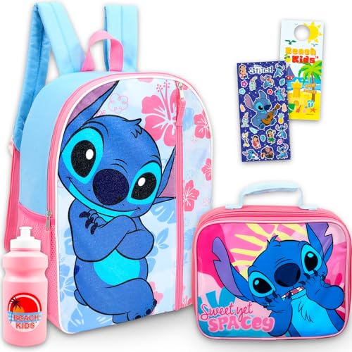 Disney Mochila Stitch e lancheira para meninas, crianças – Pacote com bolsa escolar de 40,6 cm, lancheira, garrafa de água, adesivos, mais | Mochila Lilo e Stitch com conjunto de lancheira