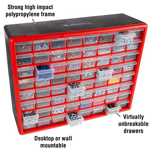 64-Drawer Storage Organizer - Plastic Drawers for Organization - Desktop or Wall-Mounted Container for Hardware, Tools, and Beads by Stalwart (Red) thumbnail 4