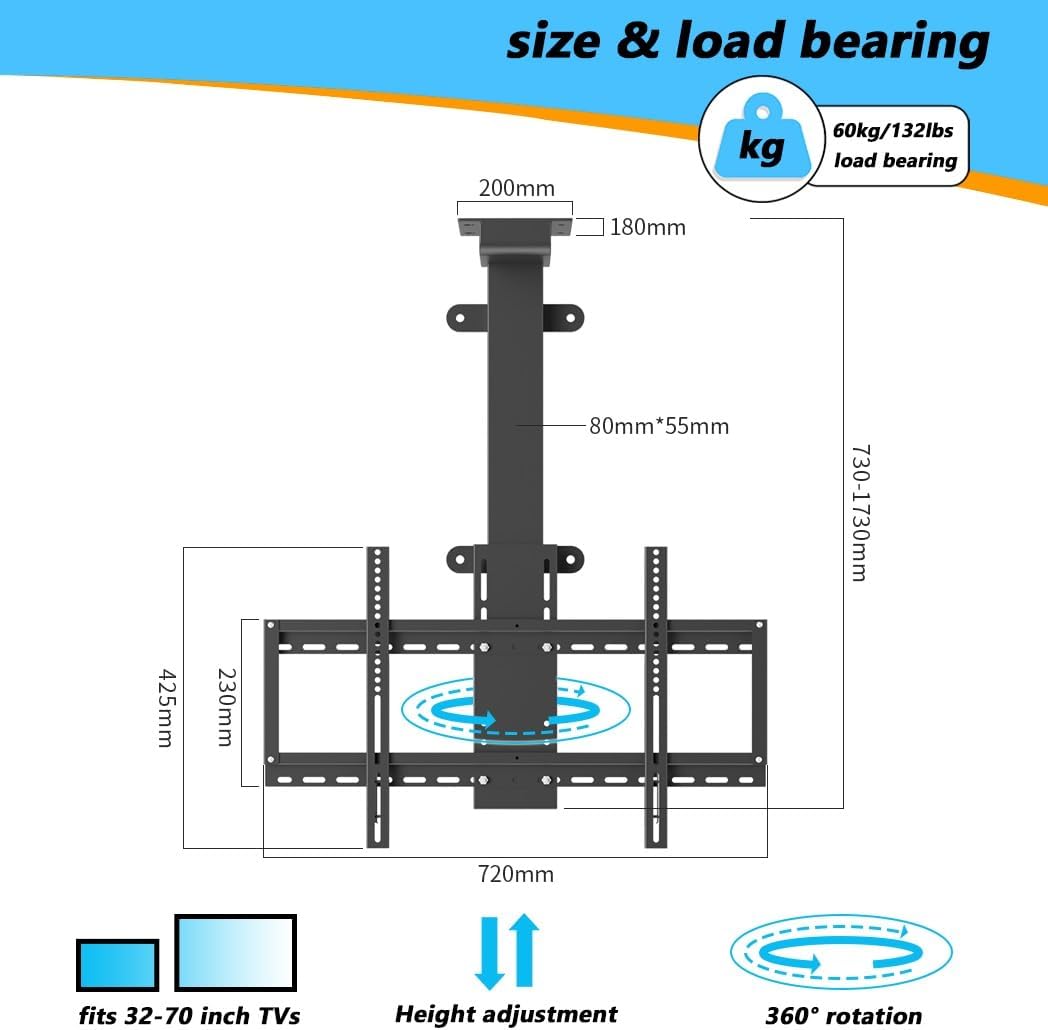 Motorized with 360° Rotation Electric TV Lift Mechanism for 32-70" Flat Screen TVs & Monitors VESA 200x200-600x400mm Supports Up to 60kg Adjustable Height 730-1730mm