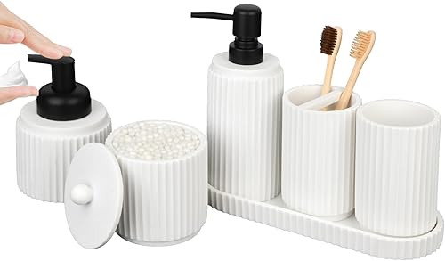 Juego de accesorios de baño blanco - 6 piezas soporte para cepillos de dientes, dispensadores de jabón de loción y espuma, soporte Qtip, bandeja de