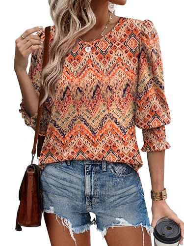 Image of XIEERDUO Blouses for Women Dressy Casual 3 /4 Length Sleeve Womens Tops with Smocked Cuffs