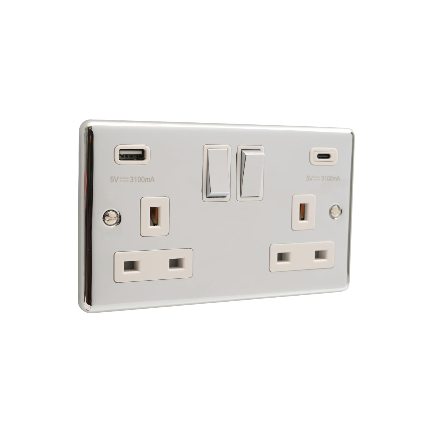 W67PCW - Enchufe USB tipo A y C de 2 bandas, acero pulido, inserciones blancas
