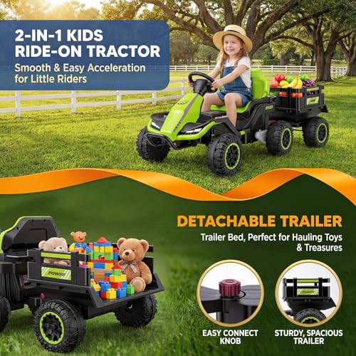 Image of Hikole 24V Ride on Toys Tractor for Kids 3+ w /Trailer, Electric Car, Green