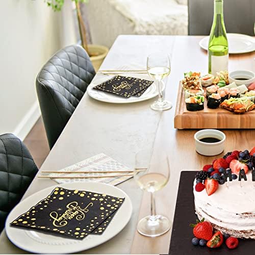 48 Pcs Black Happy Birthday Napkins Foiled Napkins Metallic Party Napkins Glitter Celebration Napkins Serviettes Cocktail Napkins for Anniversary Dinner Birthday Party Decoration(Gold)