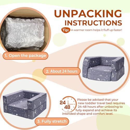 FRUITEAM 3-in-1 Portable Toddler Travel Bed, Flip Open Sofa Lounger with High-Density Foam for Camping & Indoor/Outdoor Use, Convertible Machine Washable Space Planet Galaxy Print Cover, Gray - Image 7