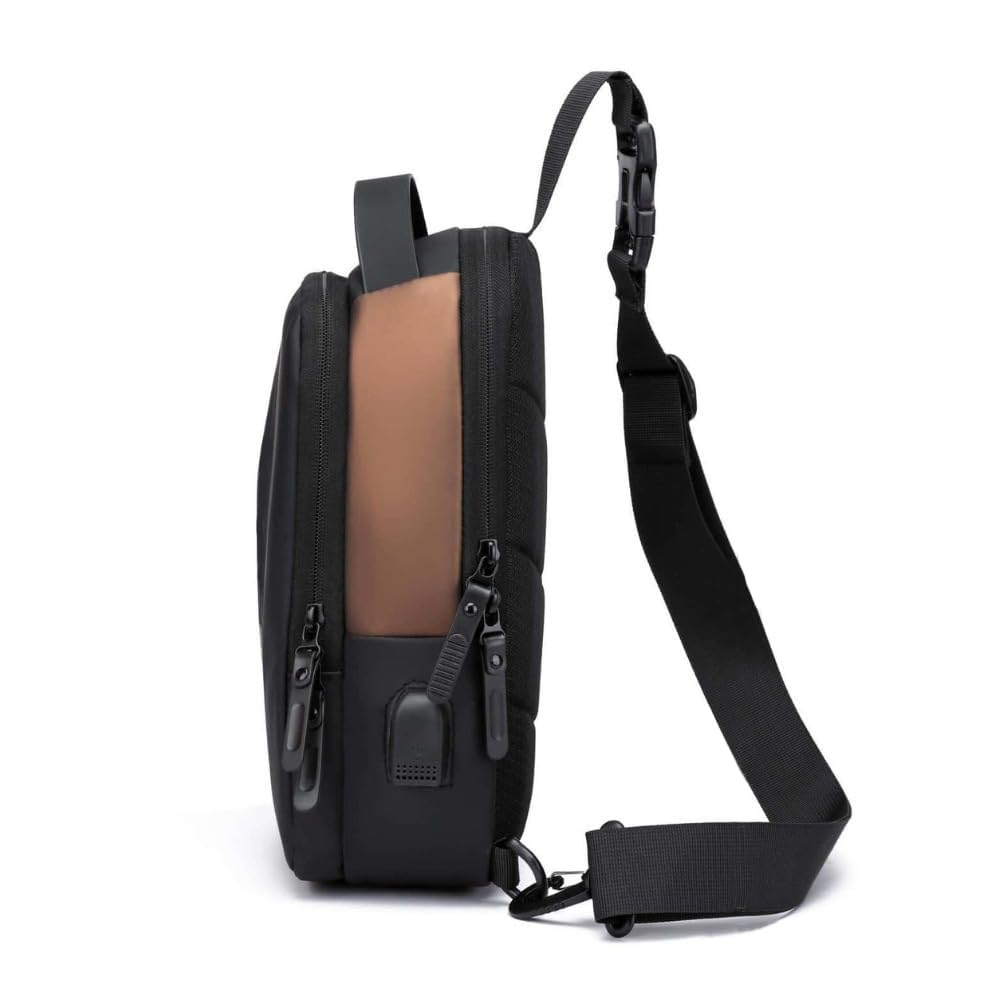 TS WITH TECHSUN Waterproof Messenger Crossbody Sling Shoulder Backpack Daypack, Anti-Theft Chest Bags With Usb Port For Casual Travel Hiking Outdoor Sports,Unisex, Black&Golden|3 Compartments 7 liters 2