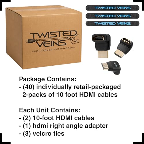 Image of 4K HDMI Cable 10 ft, 80-Pack (40 Individually Retail-Packaged 2-Packs), 40 Left Angle Adapters & 120 Microfiber Ties, 3 Meter (9.84ft) Braided Cords, HDMI 2.0b 4K 60hz HDR, ARC, Ethernet