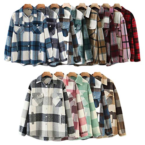 Women Plaid Long Sleeve Shirt Jacket Casual Wool Blend Button Down Shacket Shirts Coat Black M