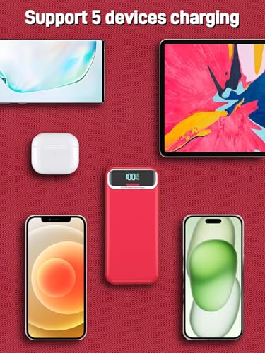 Image of Nusyddy Portable Charger 20000mAh 22.5W w /Built-in Cables & Wall Plug Red | 22.5W Fast Charging, High Capacity, LED Display, Charge 5 Devices at once, TSA Approved, Compatible with iPhone /iPad /Samsung