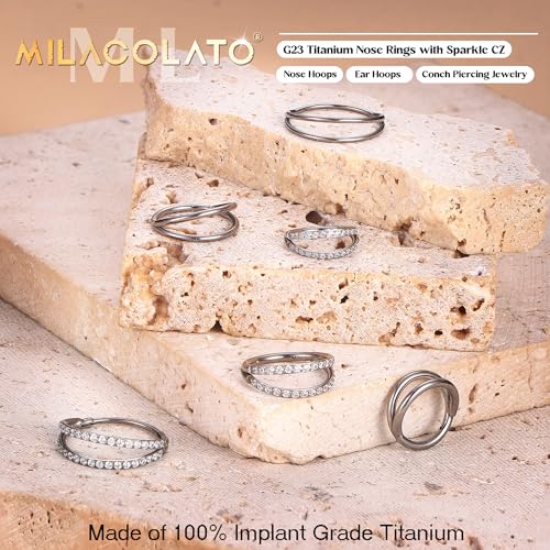MILACOLATO G23 Titanium Nose Rings Hoops 16G 18G 20G Double Hoop Septum Click Nose Rings Lip Rook Lobe Tragus Helix Cartilage Daith Conch Earrings Clear CZ Paved Nose Piercing Jewelry for Women Men2