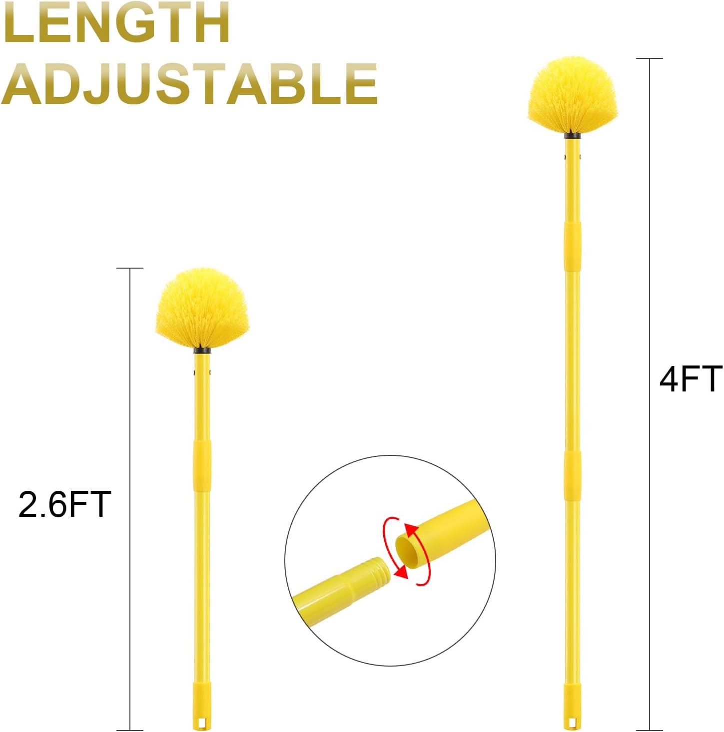 Cobweb Duster with Pole, 8ft Yellow Stainless Steel Pole Cobweb Brush with Medium-Stiff Bristles for Walls Beams Shelves Iight Fixtures and Window Screens