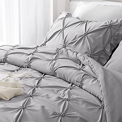 Jollyvogue Queen Comforter Set 8 Pieces, Pintuck Gray Bed In A Bag Comforter Set For Bedroom, Beddding Sets With Comforter, Sheets, Bed Skirt, Ruffled Shams & Pillowcases #TOP2