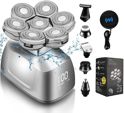 Head Shavers for Men, Upgrade 7d Electric Shavers Men 6 in 1 Waterproof Wet Dry Bald Shaver with Led Display, Rotary Razors Grooming Kits with Wireless Charging Base Beard Clippers Nose Trimmer