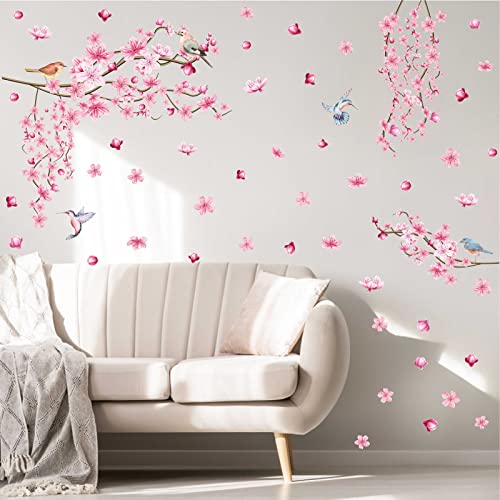 Cherry Blossom Flower Wall Stickers Tree Branches Wall Decals Pink Floral Wall Decals Watercolor Birds Flower Wall Decals For Girls Room Bedroom Living Room Nursery Decor #TOP1