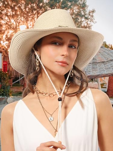 Image of Straw Cowboy Sun Hat Western Cowgirl Women Men with Windproof Chin Strap