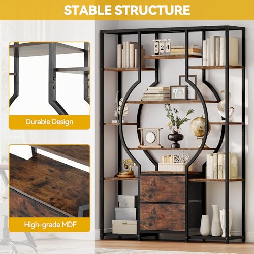 DWVO 6-Tier Bookshelf, Etagere Bookcase w/2 Drawers & 12 Open Shelf, Wood and Metal Book Shelf Storage Organizer, Industrial Display Shelf Unit for Study Living Room Bedroom Home Office, Rustic Brown