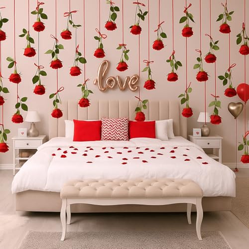 Suncalla 24 Pcs Hanging Rose Wedding Decorations Artificial Red Rose Garland with Bows Fake Flowers Garland for Wedding Engagement Bridal Shower Party Wall Room Bedroom Decoration