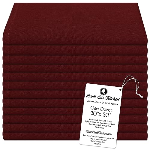 Aunti Em's Kitchen Wine Cotton Napkins Cloth 20 x 20 Oversized 100% Natural Bulk Linens for Dinner, Events, Weddings, Set of 12