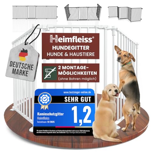 Heimfleiss® Hundegitter Wohnung Weiß | Absperrgitter Hund & Welpengitter Stahl | 308cm Hundeschutzgitter & Tierschutzgitter | Faltbare Hunde Gitter Absperrung inkl. Saugnäpfen & Wandhalterung
