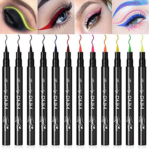 12Pcs Colorful Neon Liquid Eyeliner Pen, Waterproof Smudgeproof Long Lasting Black Felt-Tip Eye Liner Pencil Cat Eye Liner Pen Makeup Set