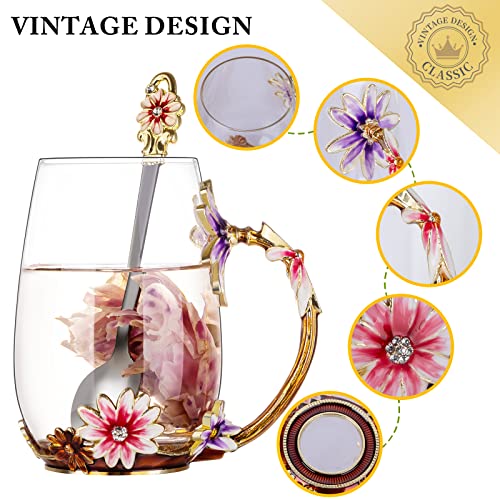 Sheeyee Gift For Women Enamel Daisy Flower Glass Coffee Mug With Spoon Tea Cup Tea Sets For Mother's Day Christmas Birthday #TOP3