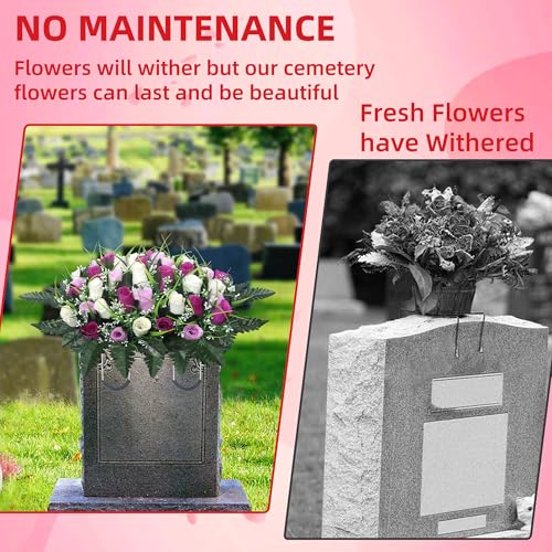 Lodou Cemetery Flowers for Grave,Headstone Flower Saddle,Flowers for Cemetery Grave Decoration Headstone Flower Saddle for Headstone Decoration (Purple White) image 5
