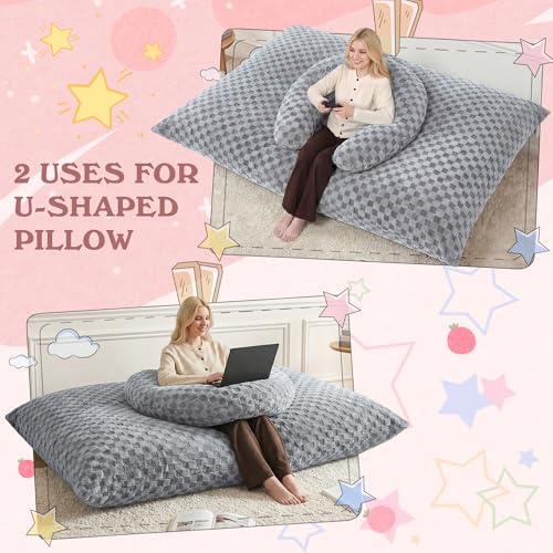 Image of HABUTWAY 3 in 1 Bean Bag Chair with Portable U-Shaped Pillow, Giant Bean Bag with Washable Cover, Convertible Sofa Bed (Light Grey)