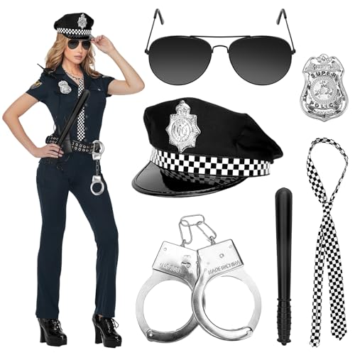 Kkluno Disfraz Policía Mujer Hombre   Disfraz de Policia con Sombrero de Policía Esposas Placa Policial Gafas Negras Adultos para Carnaval Policía Conjunto de Accesorios de Disfraz para El Agente Swat