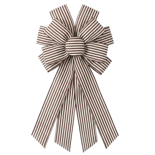 Vickasi Elegant Brown Stripes Bow for Front Door, Rustic Wreath Bow, Decorative Door Bow for Adult Home Decor, Handcrafted Fabric Bow with Wire Edges