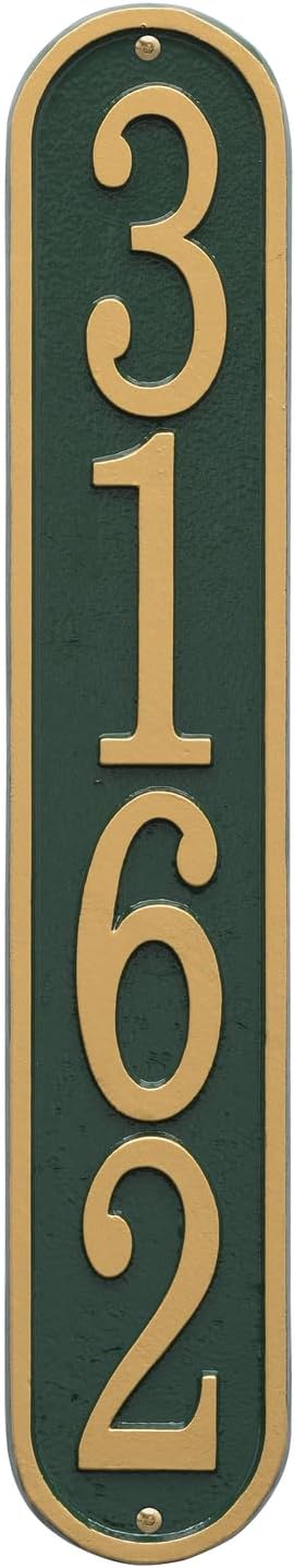 Whitehall Personalized Cast Metal Address Plaque, USA Made Custom Architectural House Number Sign, Vertical, 3.5 x 19 inches, Green with Gold Numbers