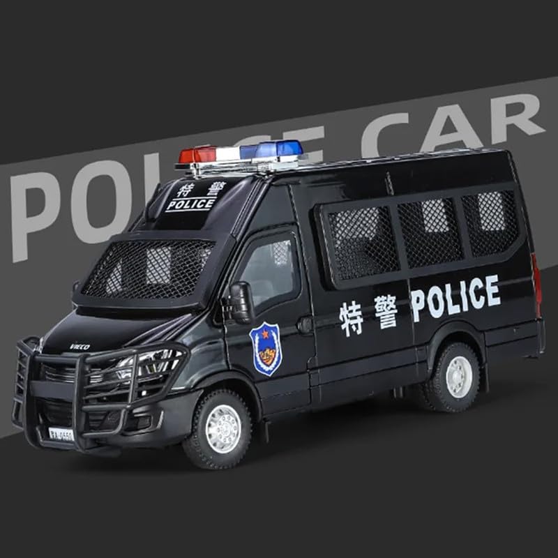 Image of Kids Model 1:24 Van Police Die Cast Metal Car Pull Back Action Opening Doors with Realistic Engine Sound Lights Toy Car Gift for Boys - Black