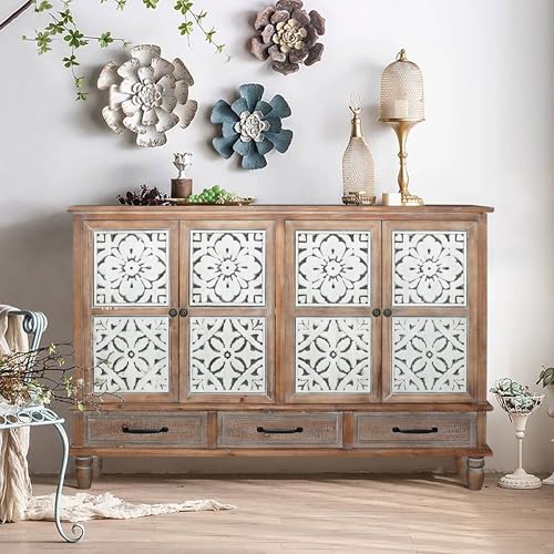 LKTART 59" Vintage Sideboard Buffet Cabinet with Storage,French Country Sideboard with Carved Doors,Farmhouse Credenza Accent Cabinet, Natural Wood