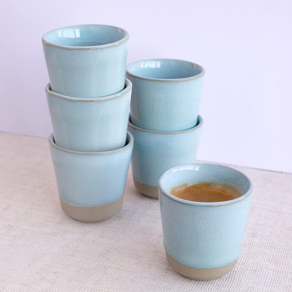 Espressotassen 6er Set aus Steingutt Keramik 75ml, Handfinish, Blau, MELIDES Sweet