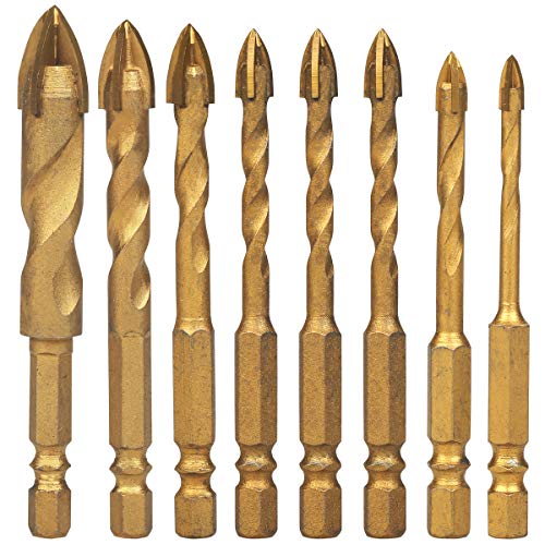notimin 8tlg. Fliesenbohrer Glasbohrer Set in 4/5/6/8/10/12mm Kreuzkopf Keramikbohrer mit 1/4" Sechskantschaft Glasbohrersatz sechskant Fliesenbohrer-Set für Glas Fliesen Spiegel