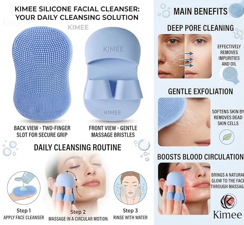 Image of KIMEE 3PCS Bath Brush Set - Long Handle Body Scrubber, Silicone Face Cleansing Brush & Shampoo Scalp Massager, Exfoliating Back Brush for Deep Cleaning Shower, Spa Skin Care Tools for Men & Women