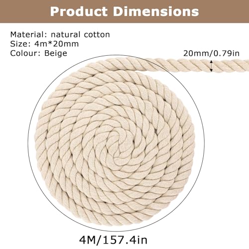 Baumwollkordel 20mm 4m, Makramee-Garnseil Tau Seil Cotton Rope Baumwollkordel Dickes Seil Weiß Seil Kordelband Vielseitig Baumwollseil Deko Seil für DIY Handwerk Dekoraion