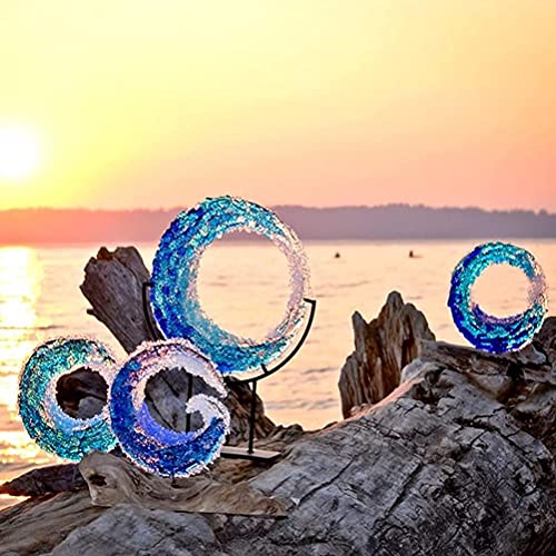 Ocean Fused Glass Sculpture,Desktop Blue Sculpture Ornament,Creative Gradient Blue Ornament with Stand for Home Décor - Image 4