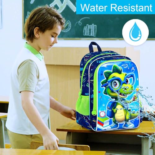 Image of HPJGD 3PCS Boys Dinosaur Backpack, Water Resistant Kids Bookbag Set with Lunch Box, Cool School Bag for Preschool Toddler - Glasses Dinosaur