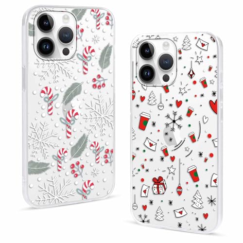 2 Pezzi Natale Cover per iPhone 14 Pro Max 6.7Cover con Cervo Babbo Regali Fiocco di neve di Natalizie Carino Pupazzo di neve di Christmas Regalo Antiurto Protezione Case donna