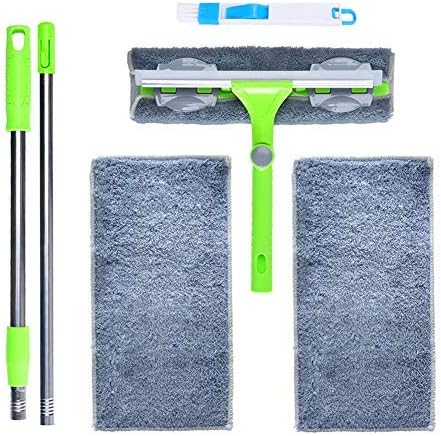 IKU Telescoping Windows Squeegee Cleaning Kit (51 Inches)- Extendable Pole, 180° Washer Head, Groove Brush, Spare Microfiber Cloths (2) - Window Cleaner Tool for House, Mirror, Shower, Car (Green)