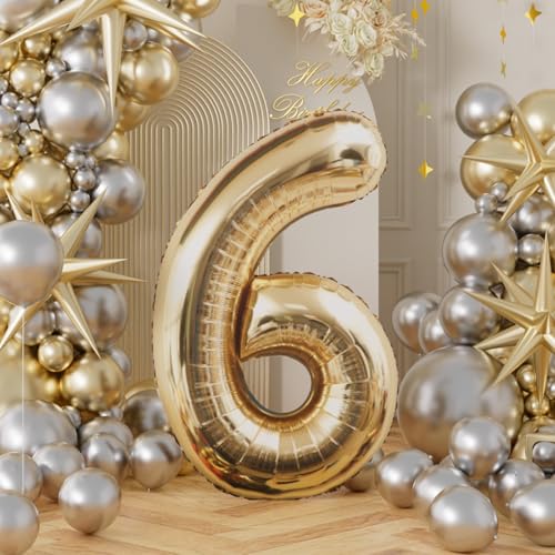 Image of AULE 40 Inch Large 6 Balloon Numbers Light Gold, Big Foil Number Balloons, Giant Helium Happy Birthday Party Decorations for Man and Women, Huge Mylar Anniversary Party Supplies