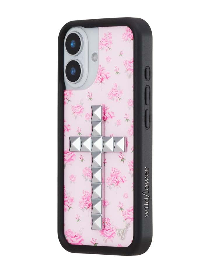 Image of Wildflower Cases - Compatible with iPhone 16 | Protective Black Bumper, 6.5ft Drop Test Certified, Women Owned Small Business | Stud Cross Forget Me Not Floral Pink