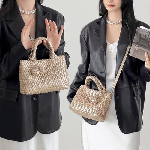 Image of Woven Tote Bag for Women with Coin Purse, Foldable Chain Small Crossbody Handbags, Fashion Shoulder Bag, Hobo Satchel