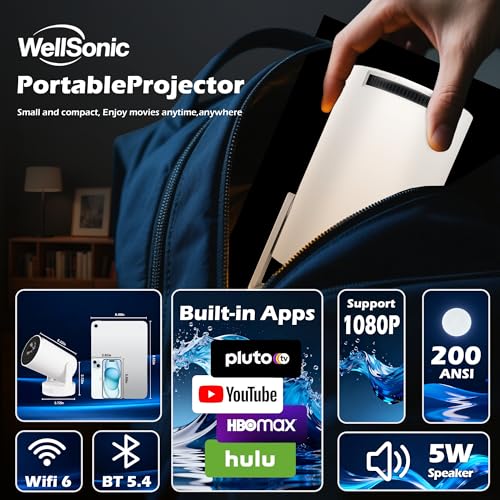 Image of Portable Smart Projector with Android 14, WiFi 6, Bluetooth 5.4 and 180 Stand, HD Mini Projector for Bedroom, Ceiling Projection, Home Theater and Outdoor Movies